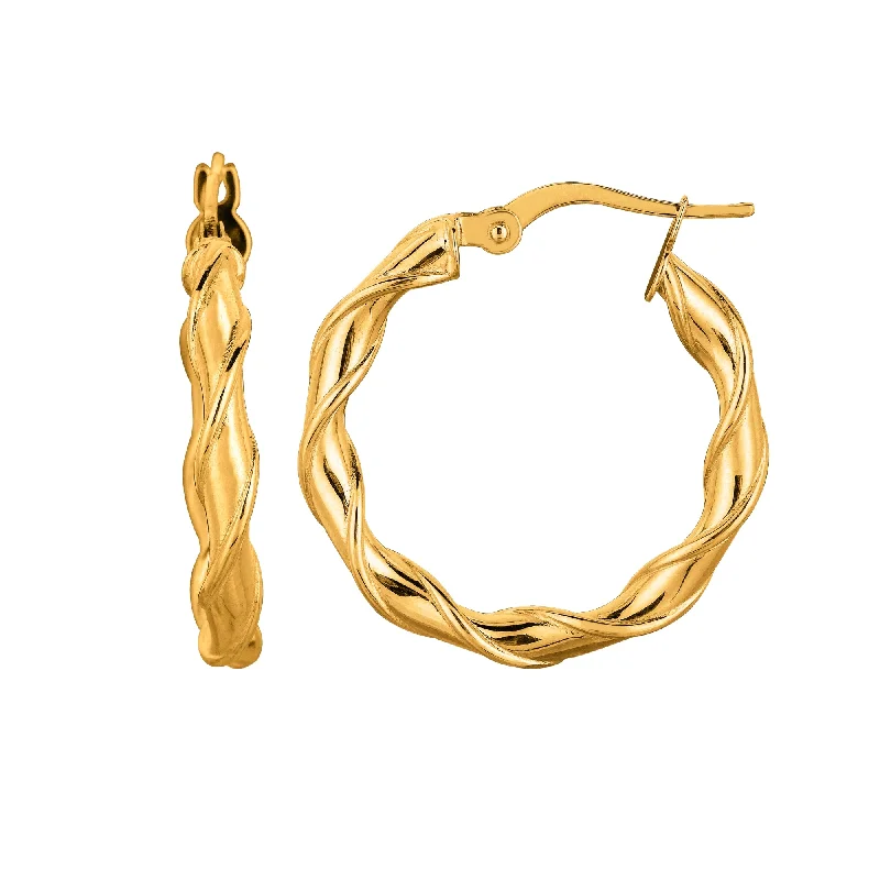 classic hoop earrings for women-14K Yellow Gold Round Type Twisted Hoop Earrings, Diameter 24mm