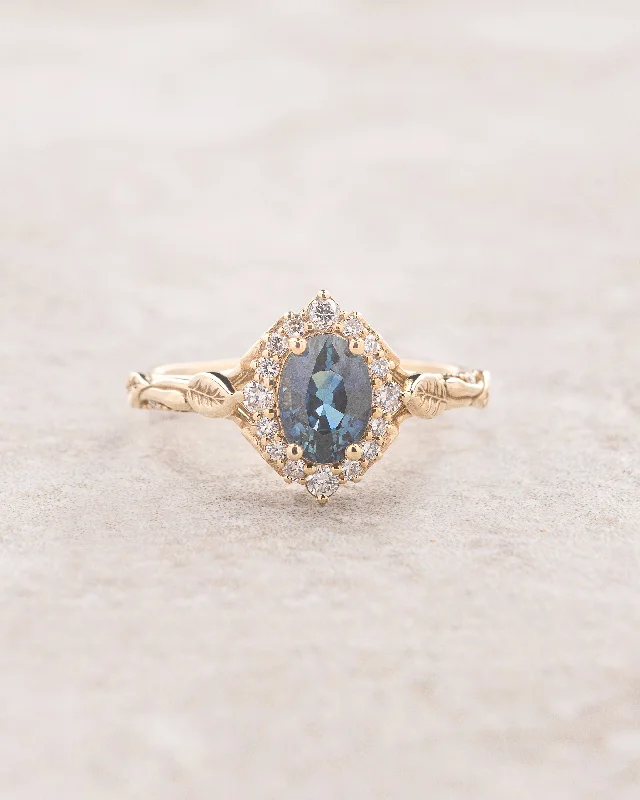 Genuine blue sapphire engagement ring, nature inspired ring with diamond halo / Florentina