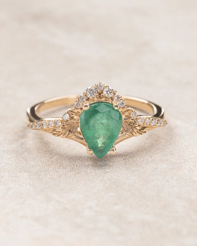 Natural big emerald and diamonds engagement ring, gold leaf ring / Amelia