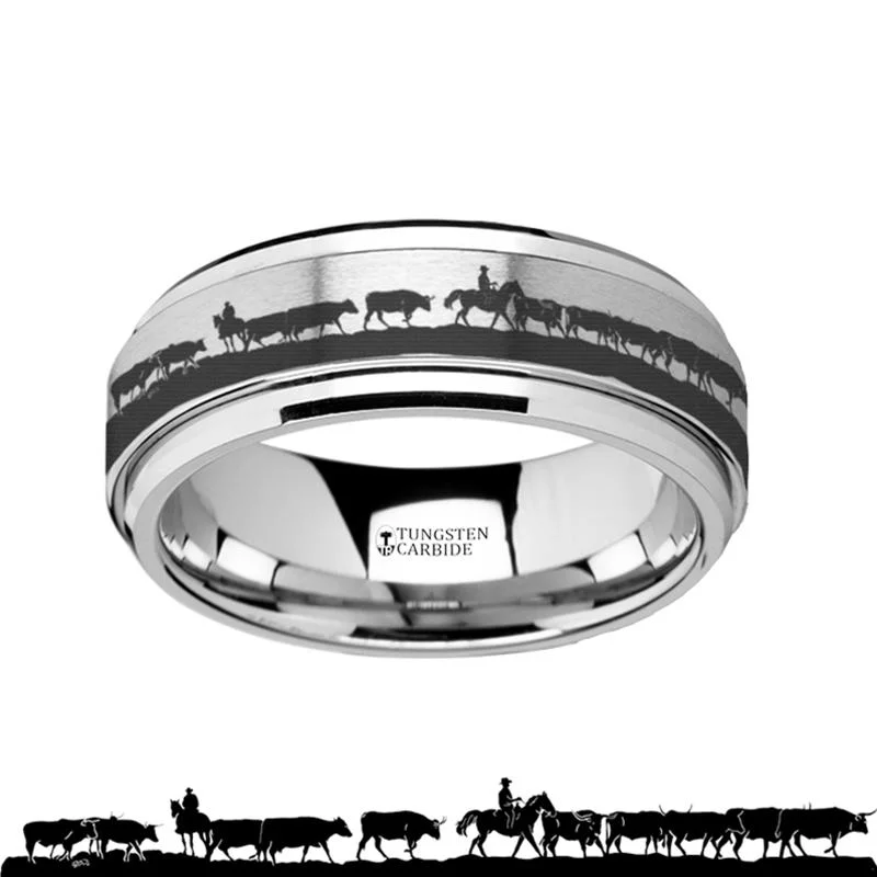 unique wedding engagement rings for women-Animal Landscape Herding Cattle Scene Laser Engraved Spinner Tungsten Ring