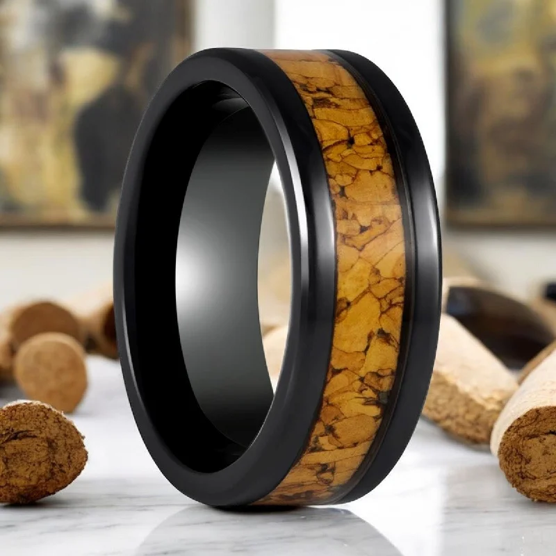 luxury custom engagement rings for women-LANG | Black Tungsten Ring, Natural Cork Inlay, Flat