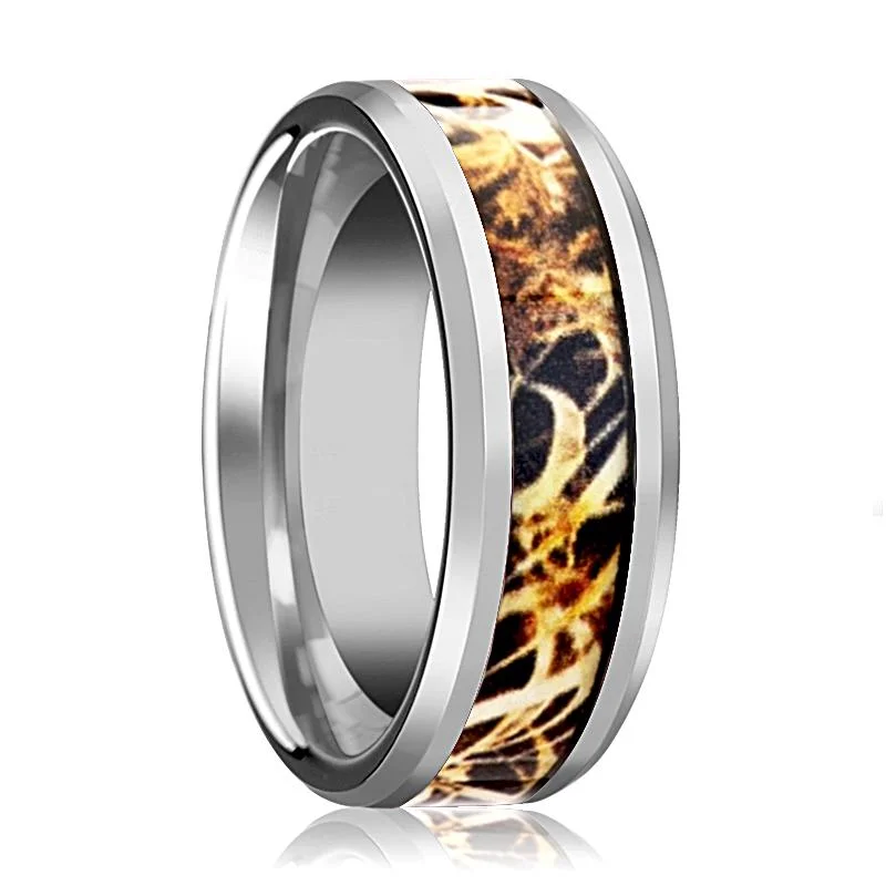 cushion engagement rings for women-TERRA | Tungsten Ring, Leaves Grassland Camo Inlay, Beveled