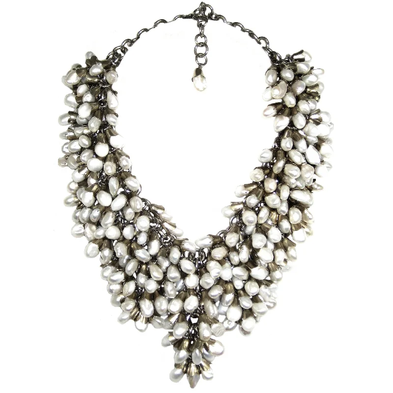 special occasion necklaces for women-#788n Freash Water Pearl & Silver Tone Chainmail Bib Necklace