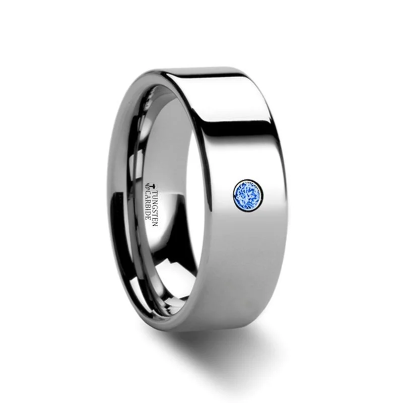 stackable diamond engagement rings for women-PEMBROKE | Polished Tungsten Ring Blue Diamond