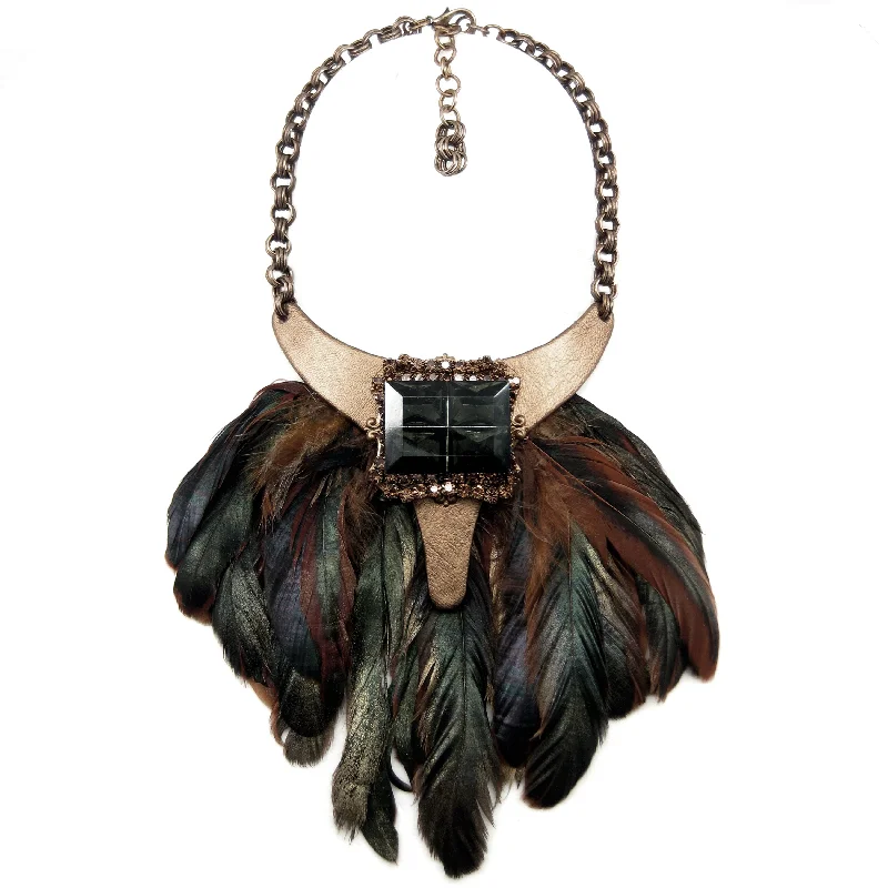 vintage chain necklaces for women-#982n Gold, Tan & Emerald Tone Bib Necklace With Feather Fringe