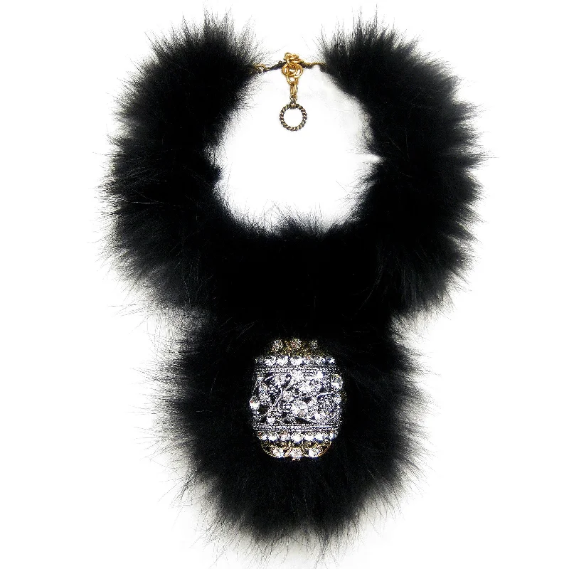 romantic necklaces for women-#1077n Old Silver/Gold Tone, Rhinestone & Black Fur Pendant Choker