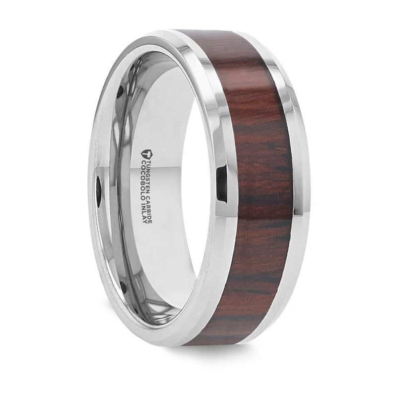 engagement rings with diamonds for women-PRESLEY | Silver Tungsten Ring. Cocobolo Wood Inlay, Beveled