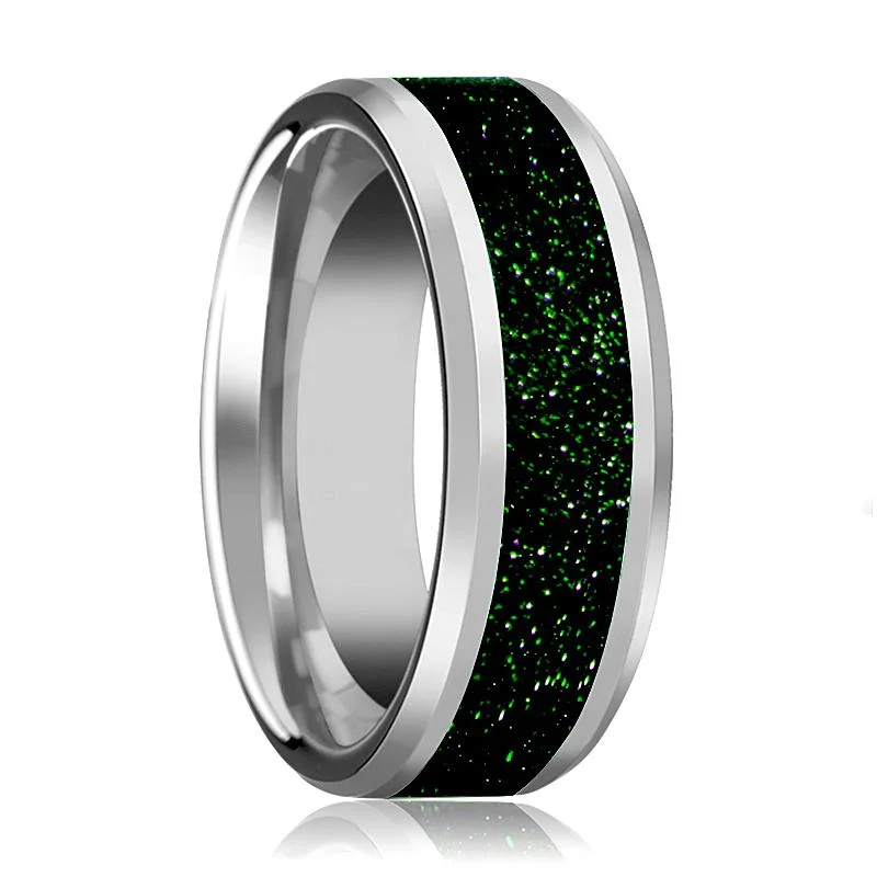 round-cut engagement rings for women-PATRICK | Tungsten Ring, Green Gold Stone Inlay, Beveled