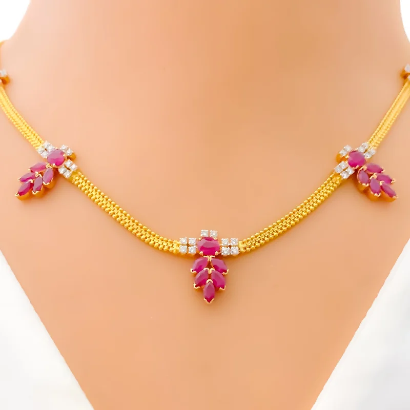 cute pendant necklaces for women-Blooming Ruby Flower Diamond + 18k Gold Necklace