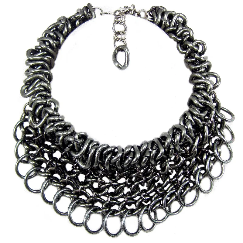 personalized necklaces for women-#994n Gunmetal Chain Mail Choker/Bib Necklace With Ring Fringe