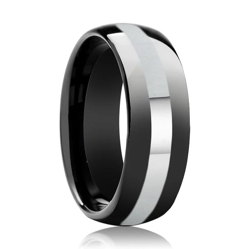 rose gold engagement rings for women-IRONCLAD | Black Tungsten Ring, Silver Stripe, Domed