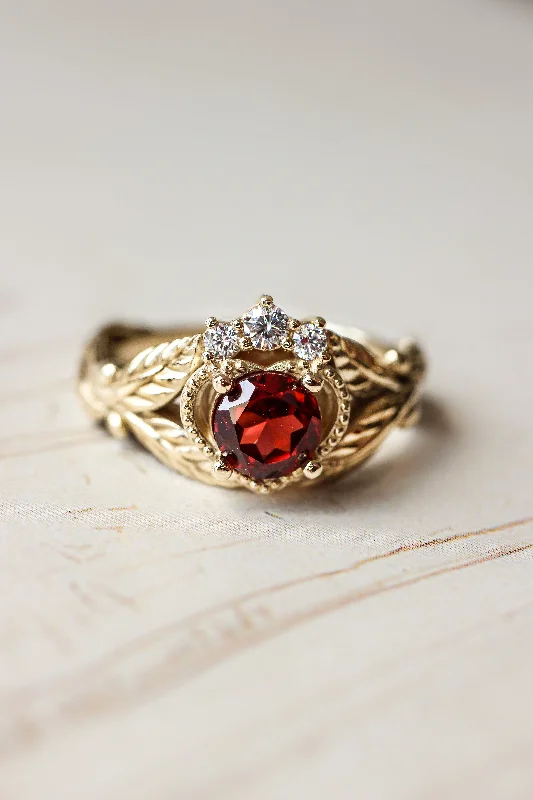 Garnet heart and diamonds engagement ring, Claddagh ring