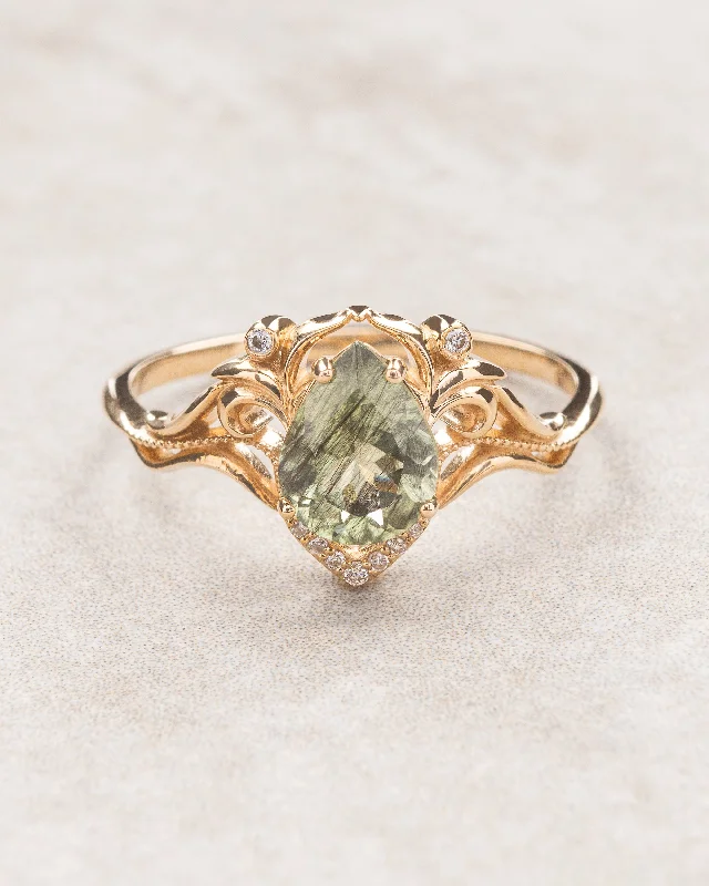 Unusual rutile peridot engagement ring with diamonds / Lida small