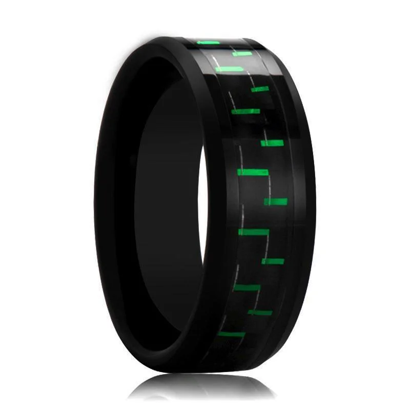 silver engagement rings for women-CARBONOX | Black Tungsten Ring, Green Carbon Fiber Inlay, Beveled