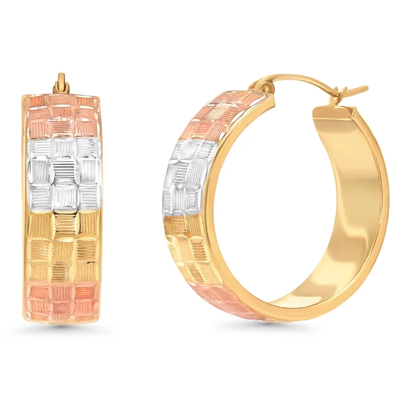 gemstone hoop earrings for women-14k Yellow Gold Textured Tri-Tone Flat Hoops Wide Earrings with Latch Back- 3 Sizes