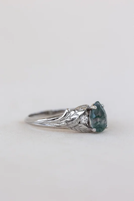 Unique moss agate engagement ring, white gold engagement ring with accent diamonds / Wisteria