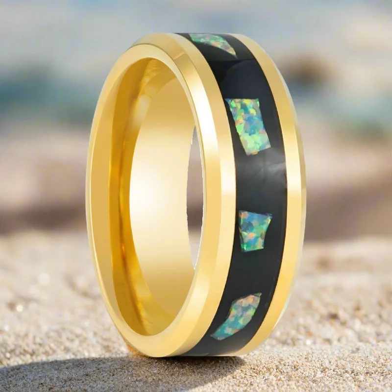 affordable custom-designed engagement rings for women-AURAFLECT | Yellow Tungsten Ring, Abalone Fragments Inlay