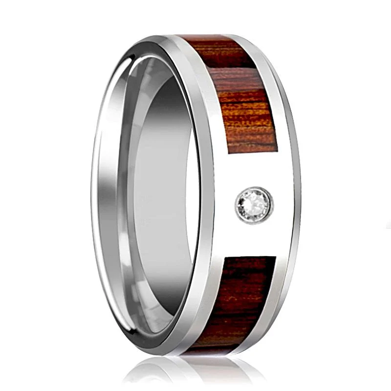 wedding engagement rings for women-KAHUNA | Silver Tungsten Ring, Diamond, Koa Wood Inlay, Beveled