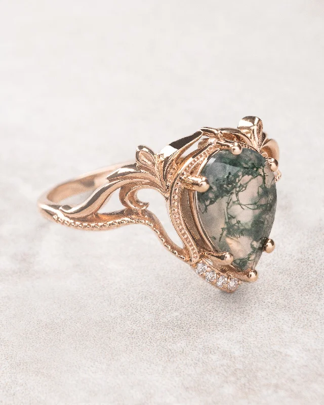 Moss agate rose gold ring, unique statement ring / Lida