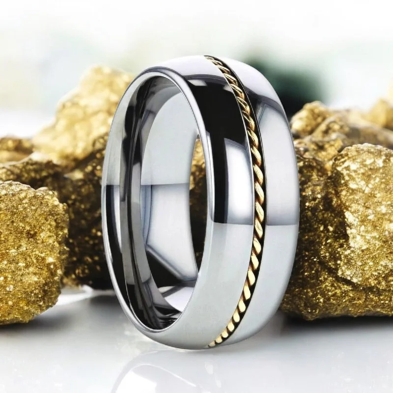 princess cut engagement rings for women-GOLDWYN | Silver Tungsten Ring, Braided 14k Gold Inlay, Domed