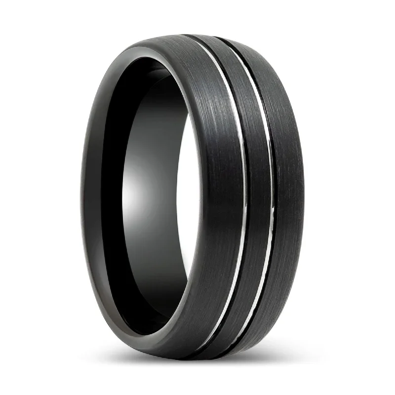 high-end engagement rings for women-BOSTIN | Black Tungsten Ring with Double Striped Center