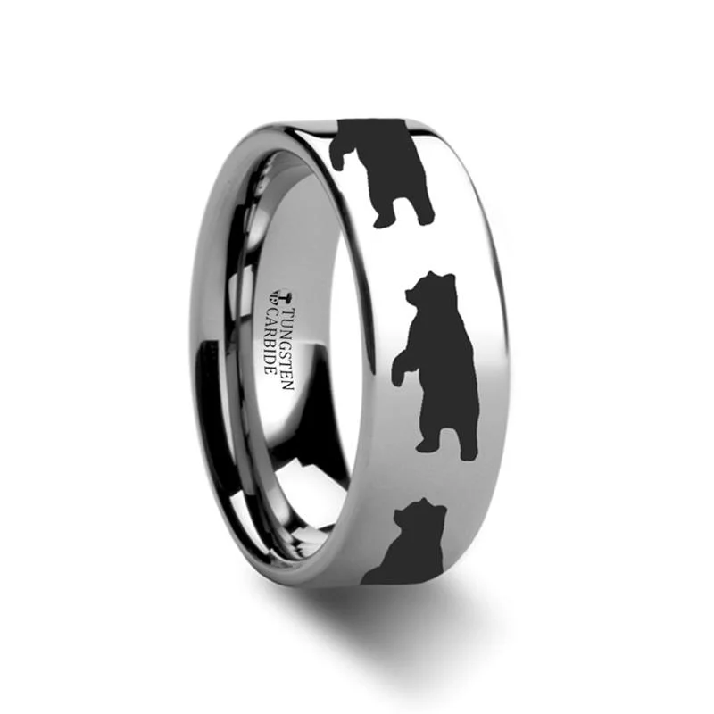 classic halo engagement rings for women-Standing Bear Print Animal Design Flat Tungsten Wedding Band for Men and Women - 4MM - 12MM