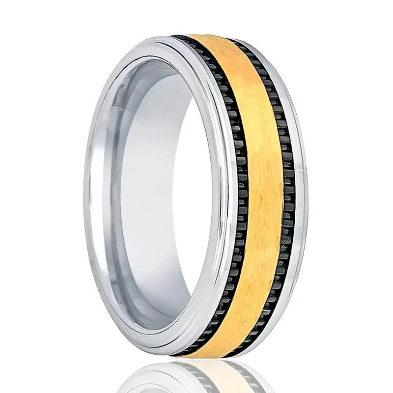 luxury engagement rings for women-TREGAN | Silver Tungsten Ring, Gold Center, Two Black Grooved, Stepped Edge