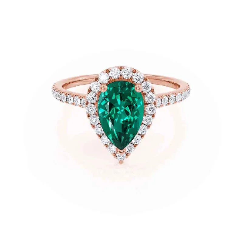 HARLOW - Chatham® Pear Emerald & Diamond 18k Rose Gold Halo