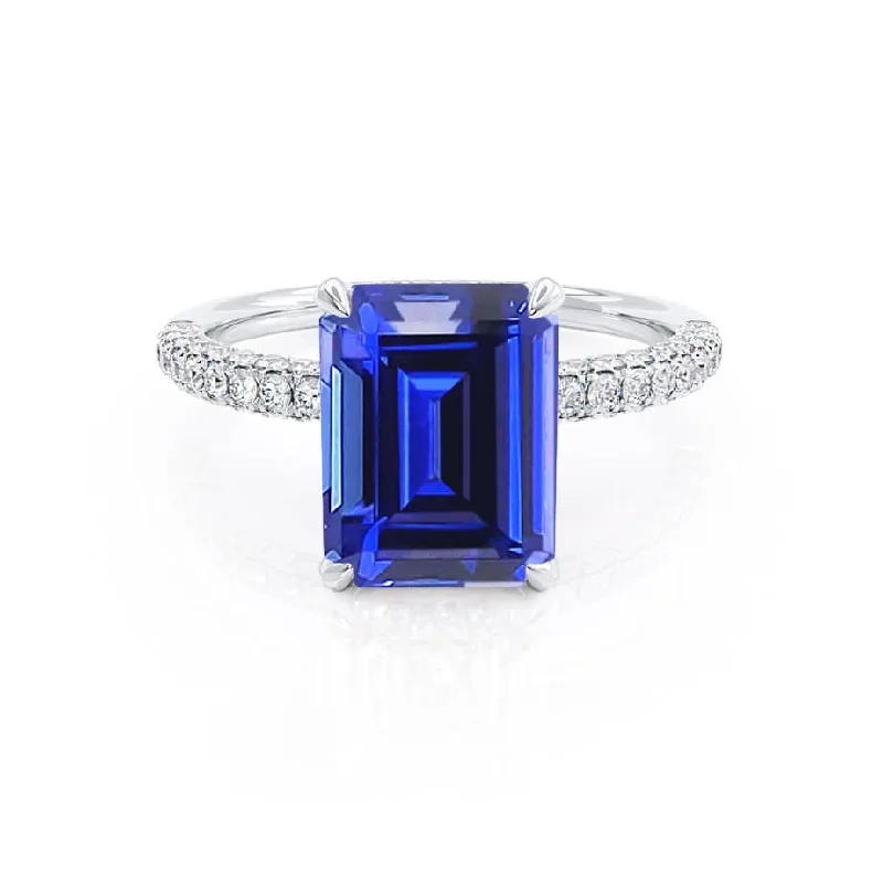 COCO - Chatham® Emerald Blue Sapphire & Diamond 950 Platinum Petite Hidden Halo Triple Pavé Ring