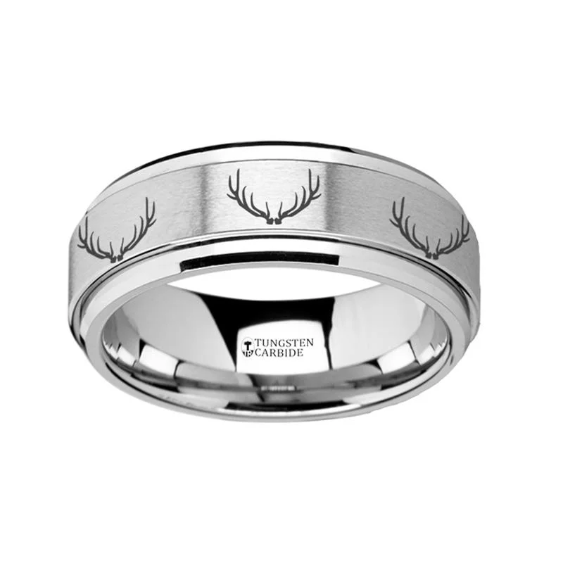 classic solitaire engagement rings for women-Deer Antlers Laser Engraved Tungsten Spinner Ring for Men with Step Edges - 8MM