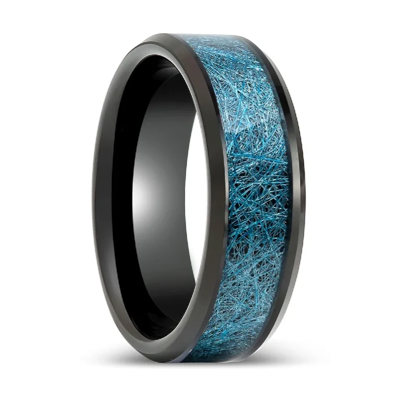 wedding engagement rings for women-MARIEMONT | Black Tungsten Ring with Blue Silk Inlay