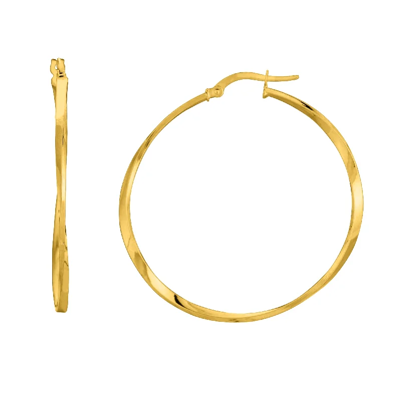 floral earrings for women-14K Yellow Gold Shiny Squaretube Twisted Hoop Earrings, Diameter 40mm