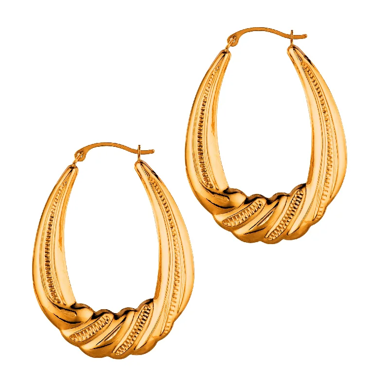 gold hoop earrings for women-14K Yellow Gold Textured Oval Shape Hoop Earrings, Length 35mm