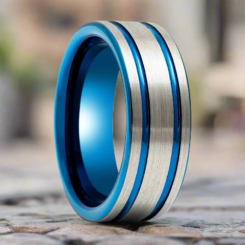 timeless engagement rings for women-DUALWAVE | Blue Tungsten Ring, Pipe Cut Blue Ring, Double Striped Center