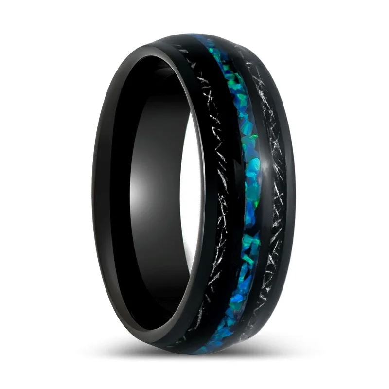 luxury solitaire engagement rings for women-ANTONAS | Black Tungsten Ring Blue Opal