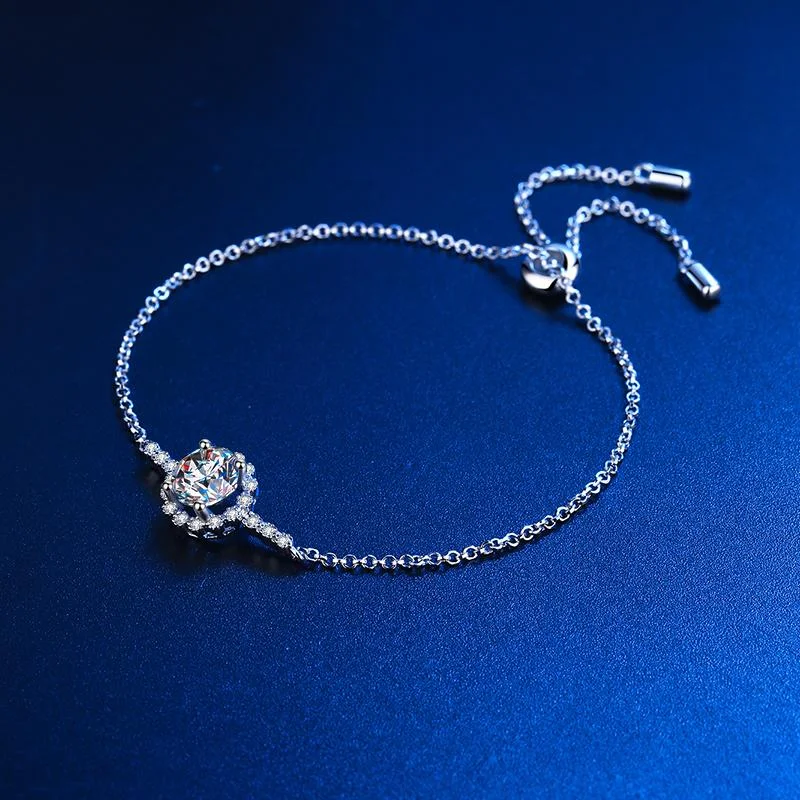 beaded bracelets for women-Halo 925 Sterling Silver Moissanite Stone Bracelet