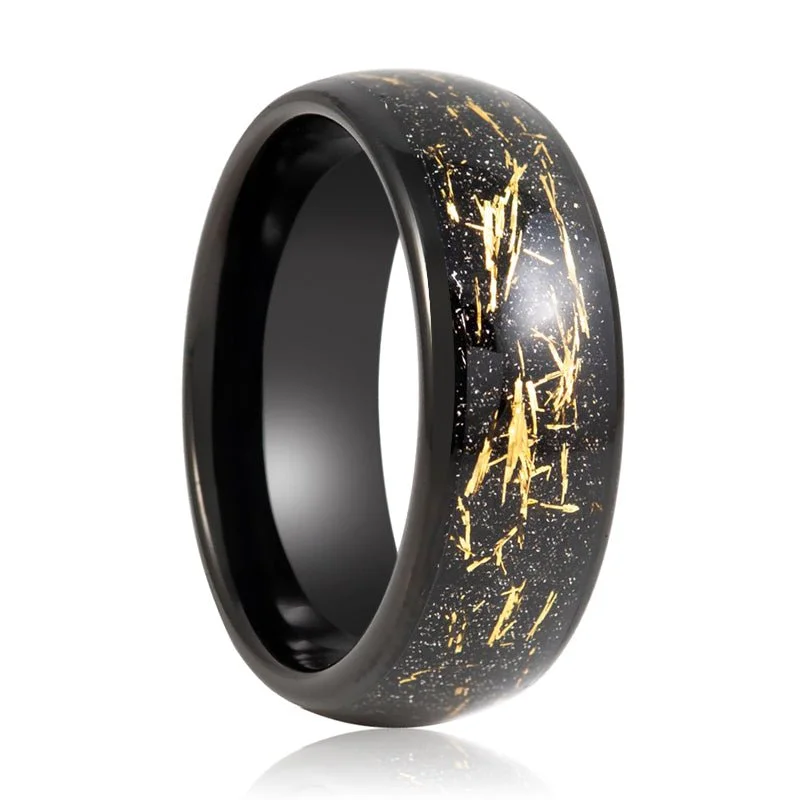 gemstone engagement rings for women-SLICK | Black Tungsten Ring, Black/Yellow Imitation Meteorite, Domed