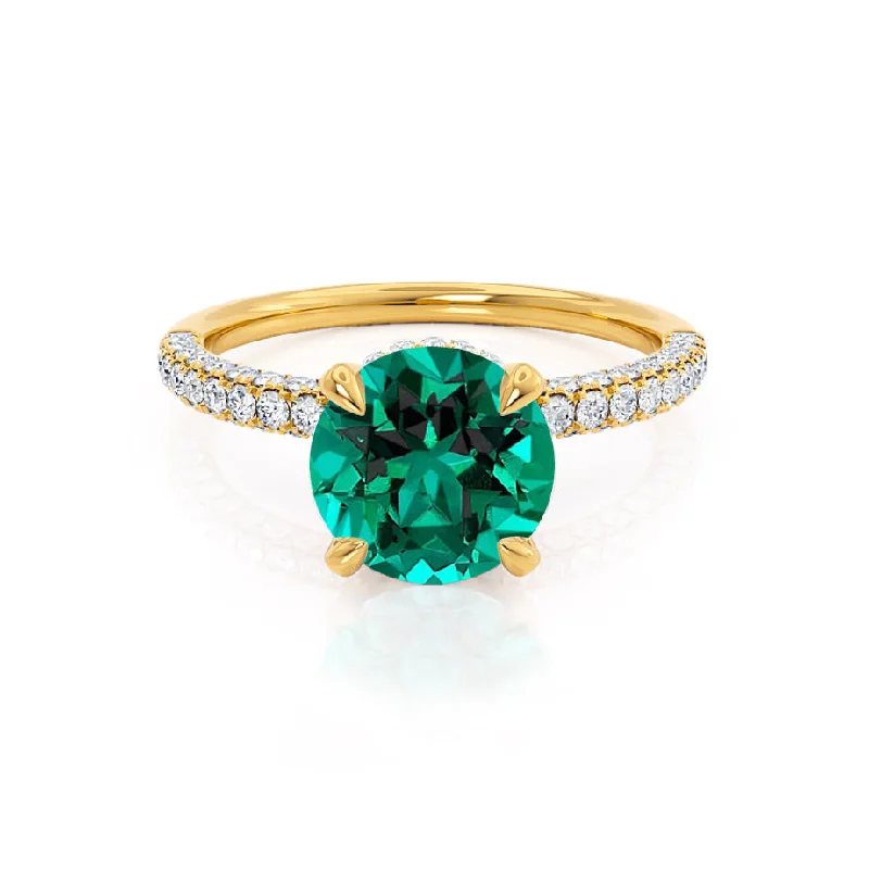 COCO- Chatham® Round Emerald & Diamond 18k Yellow Gold Petite Hidden Halo Triple Pavé Shoulder Set Ring