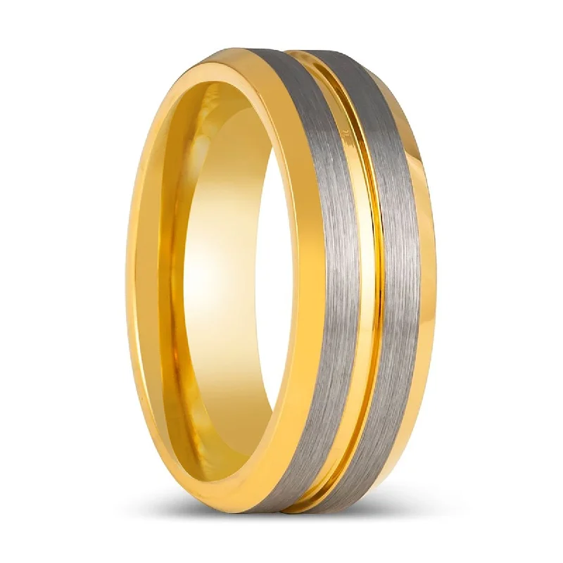 engagement rings with colored stones for women-GLEAMLINE | Yellow Gold Tungsten Ring, Grooved Center Beveled Edge