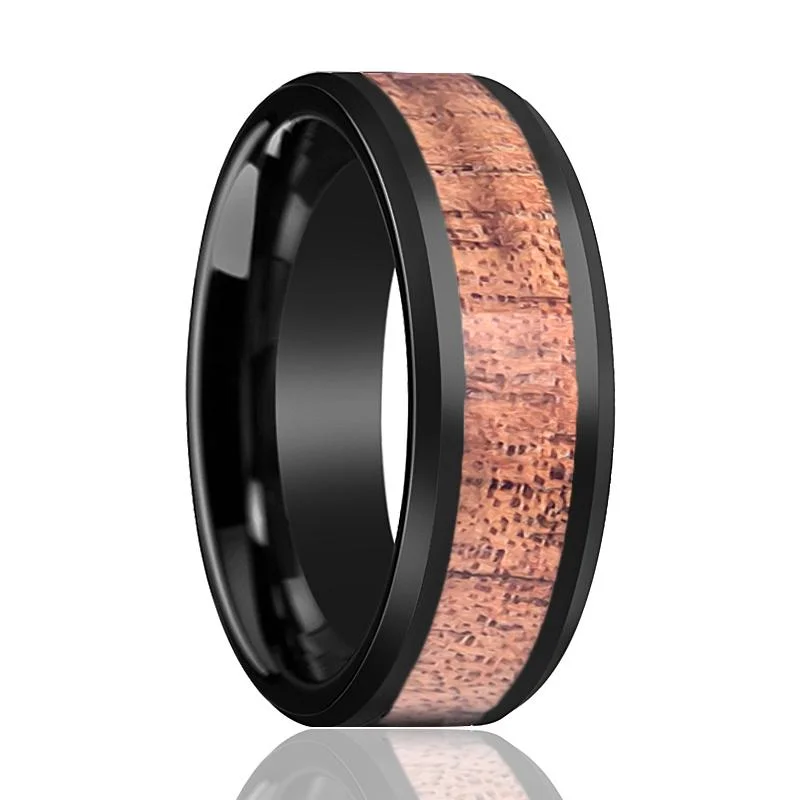 cushion-cut solitaire engagement rings for women-RHYTHM | Black Tungsten Ring, Koa Wood Inlay, Beveled