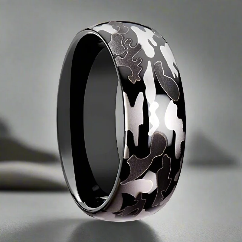 luxury engagement rings for women-ADMIRAL | Black Tungsten Ring, Black and Gray Camo, Domed