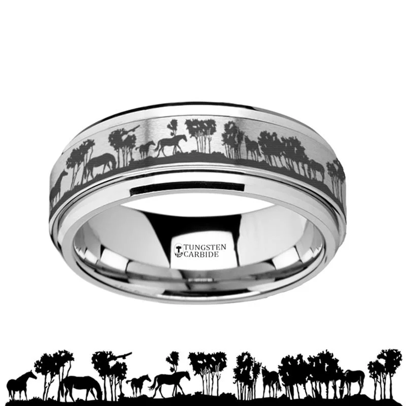 yellow gold engagement rings for women-Laser Engraved Wild Horse Scene Men's Tungsten Carbide Spinner Ring with Bevels - 8MM