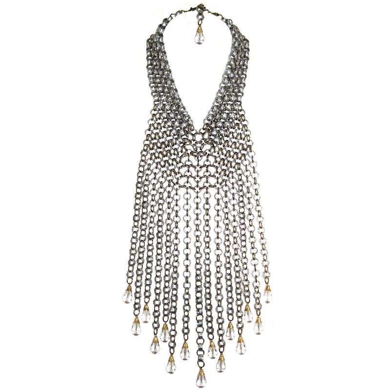 elegant necklaces for women-#812n Silver & Gold Tone Chain Mail Fringed Bib Necklace