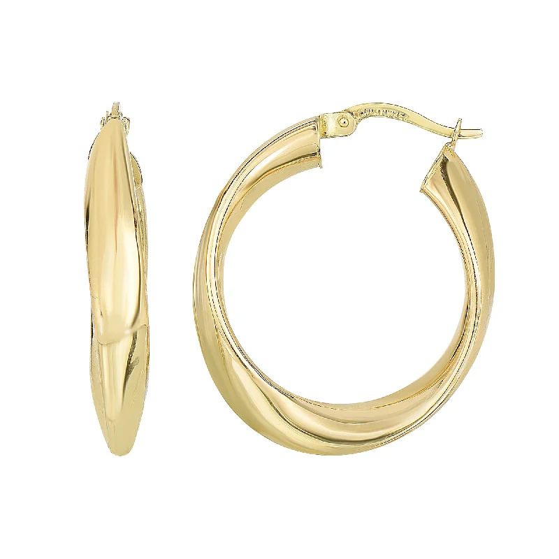 silver earrings for women-14K Yellow Gold Shiny Twisted Oval Hoop Earrings, Diameter 21mm