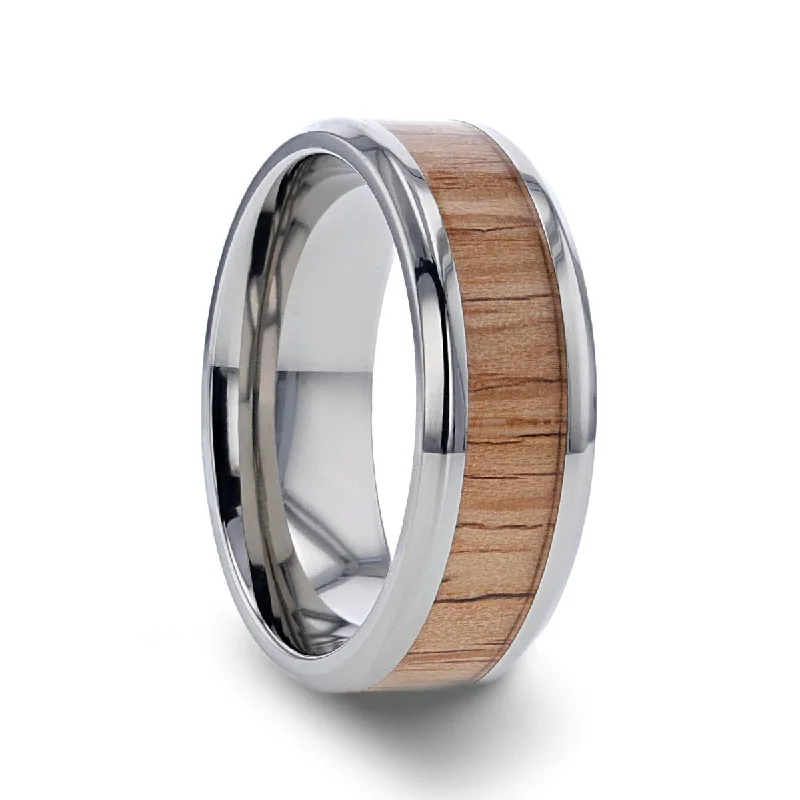 designer vintage engagement rings for women-RUBRA | Silver Titanium Ring, Red Oak Wood Inlay, Beveled