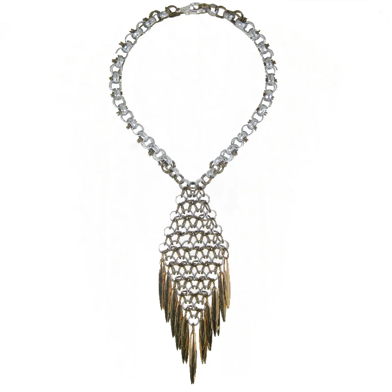 ruby necklaces for women-#975n Silver & Gold Tone Chain Mail Pendant Necklace With Spike Fringe