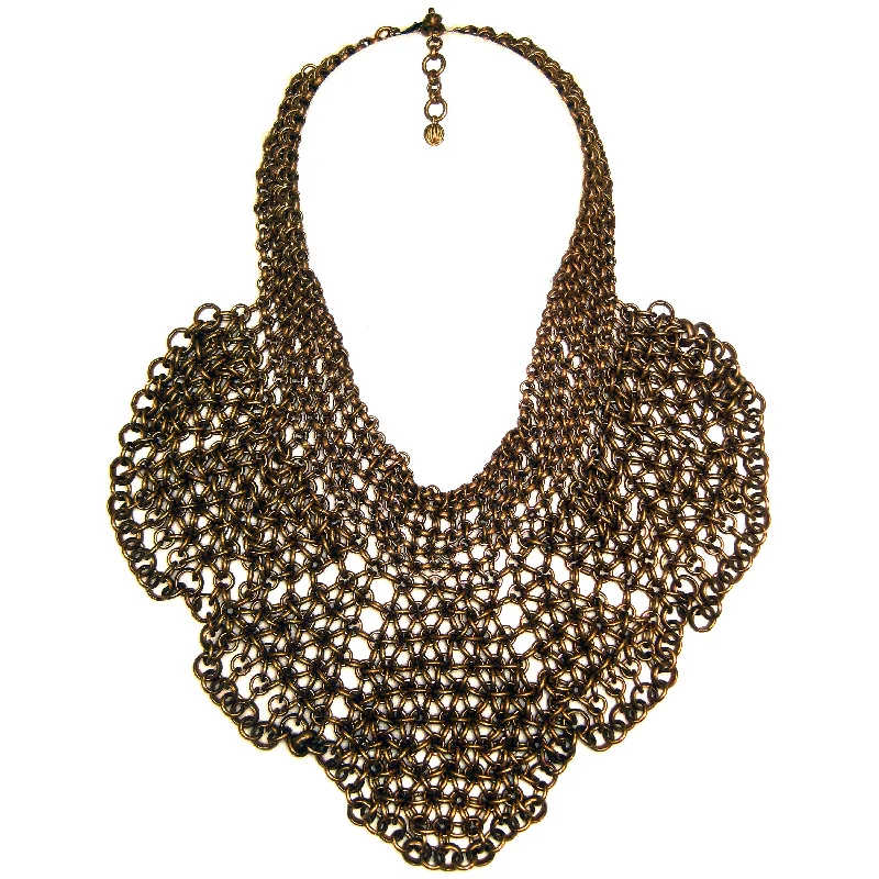 bridal necklaces for women-#844n Old Gold Tone Chain Mail Bib Necklace