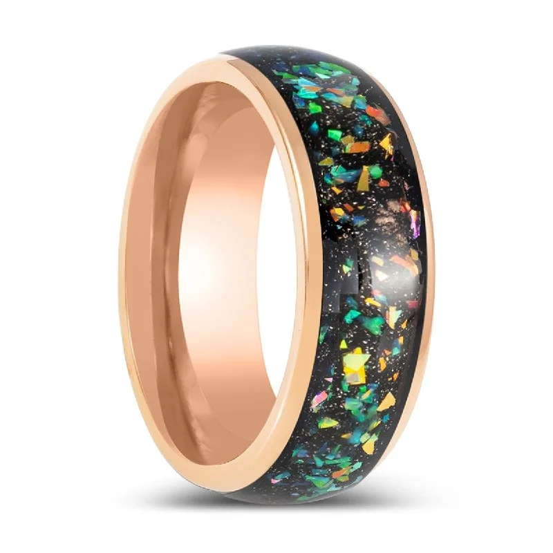 classic engagement rings for women-ZUFAR | Rose Gold Tungsten Ring with Opal & Abalone Fragmetns Inlay