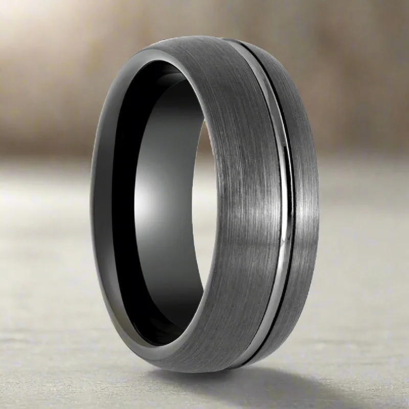 affordable custom engagement rings for women-GRITEDGE | Black Tungsten Ring, Gun Metal with Domed Brushed Off-Center Groove