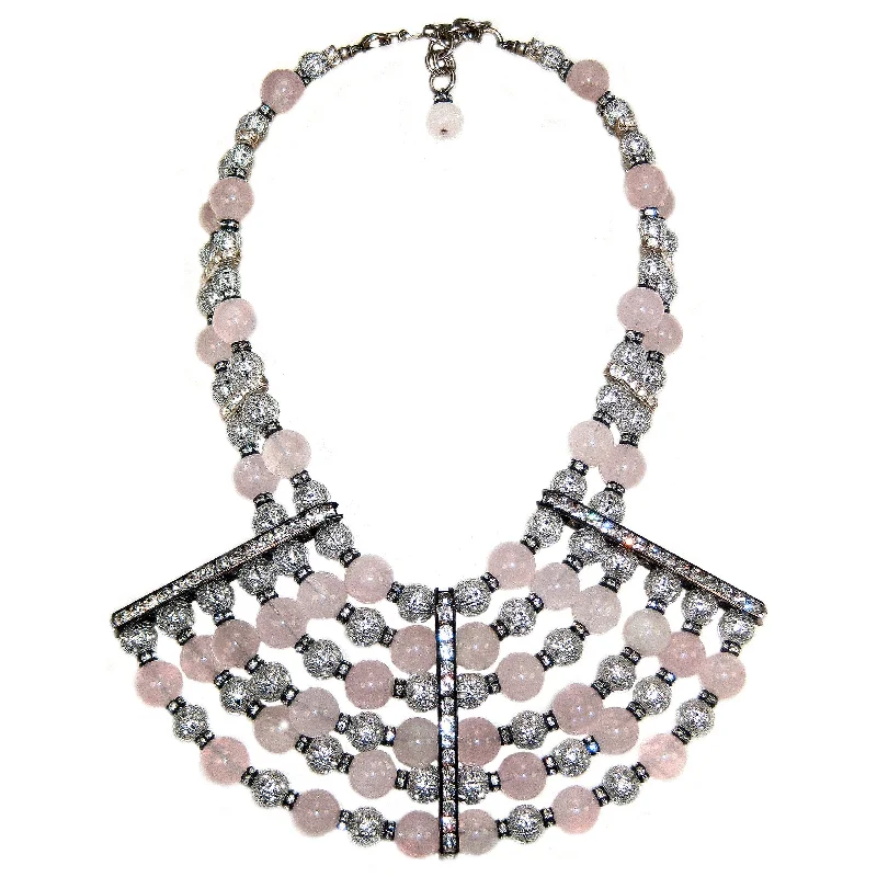 stackable necklaces for women-#1025n Silver Tone Filigree, Rose Quartz & Rhinestone Bib Necklace